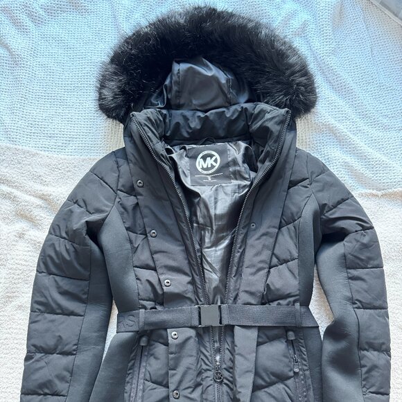 Michael Kors Jackets & Blazers - Michael Kors Women's Faux Fur Trim Belted Puffer Jacket Black Size S